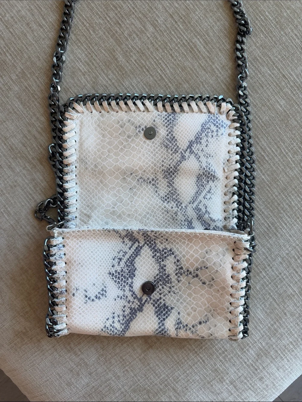 Leather White Snake-Print Crossbody with Gunmetal Chain